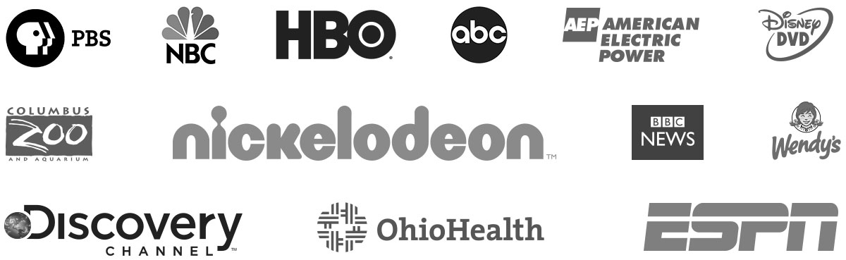 Past clients: HBO, ABC, NBC, PBS, ESPN, Ohio Health, Discovery Channel, nickelodeon, Columbus Zoo, Wendy's, BBC News, Disney DVD, AEP